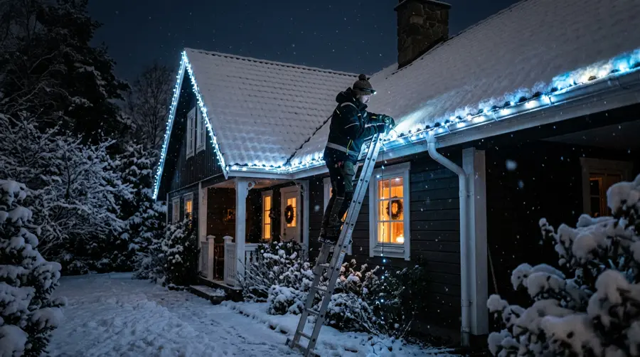 Un employé sur une échelle installe des lumières de Noël le long d’un toit enneigé