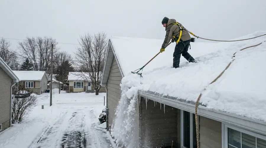 Un employé attaché par un harnais déneige le toit d’une maison en plein jour