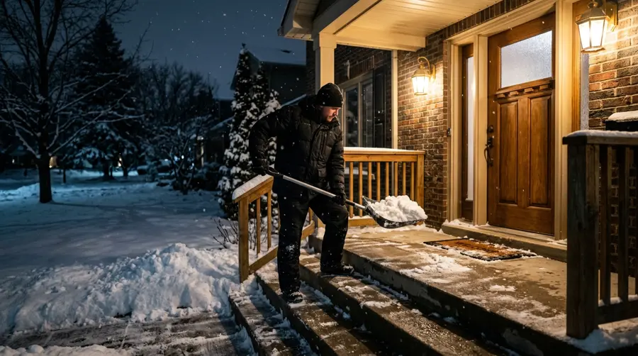 Un employé déneige à la pelle les marches d’une entrée la nuit