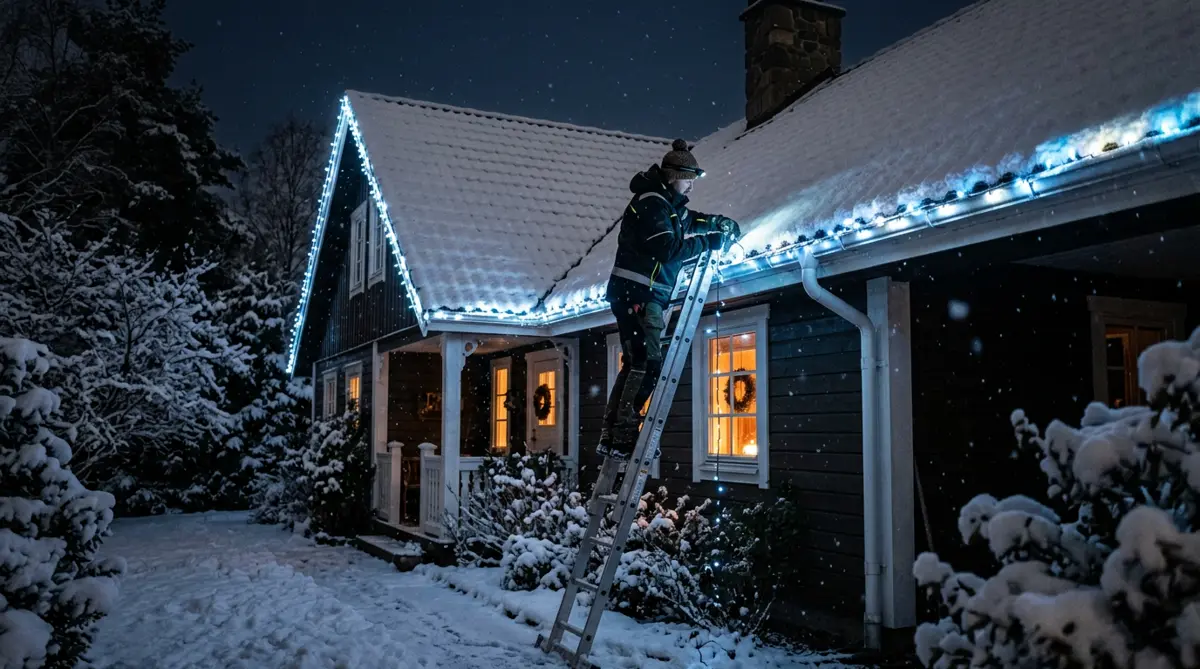 Un employé sur une échelle installe des lumières de Noël le long d’un toit enneigé