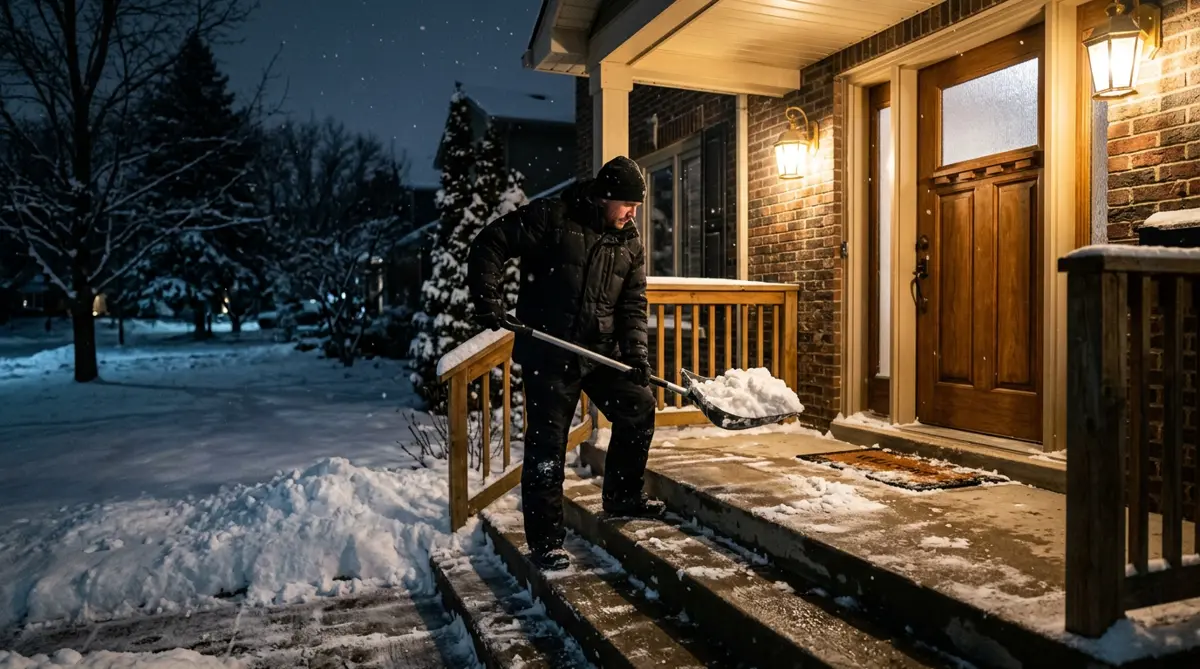 Un employé déneige à la pelle les marches d’une entrée la nuit